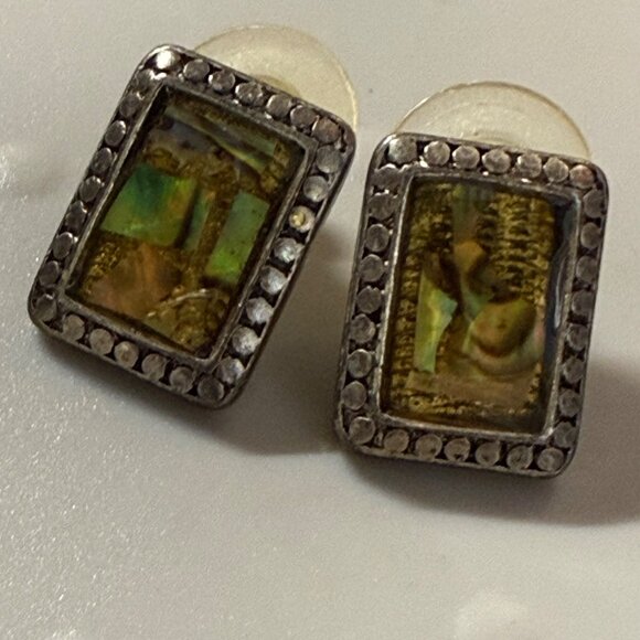 Vintage Silver Tone Pendant & Earrings Set Iridescent Abalone Shell Insets - Picture 15 of 16